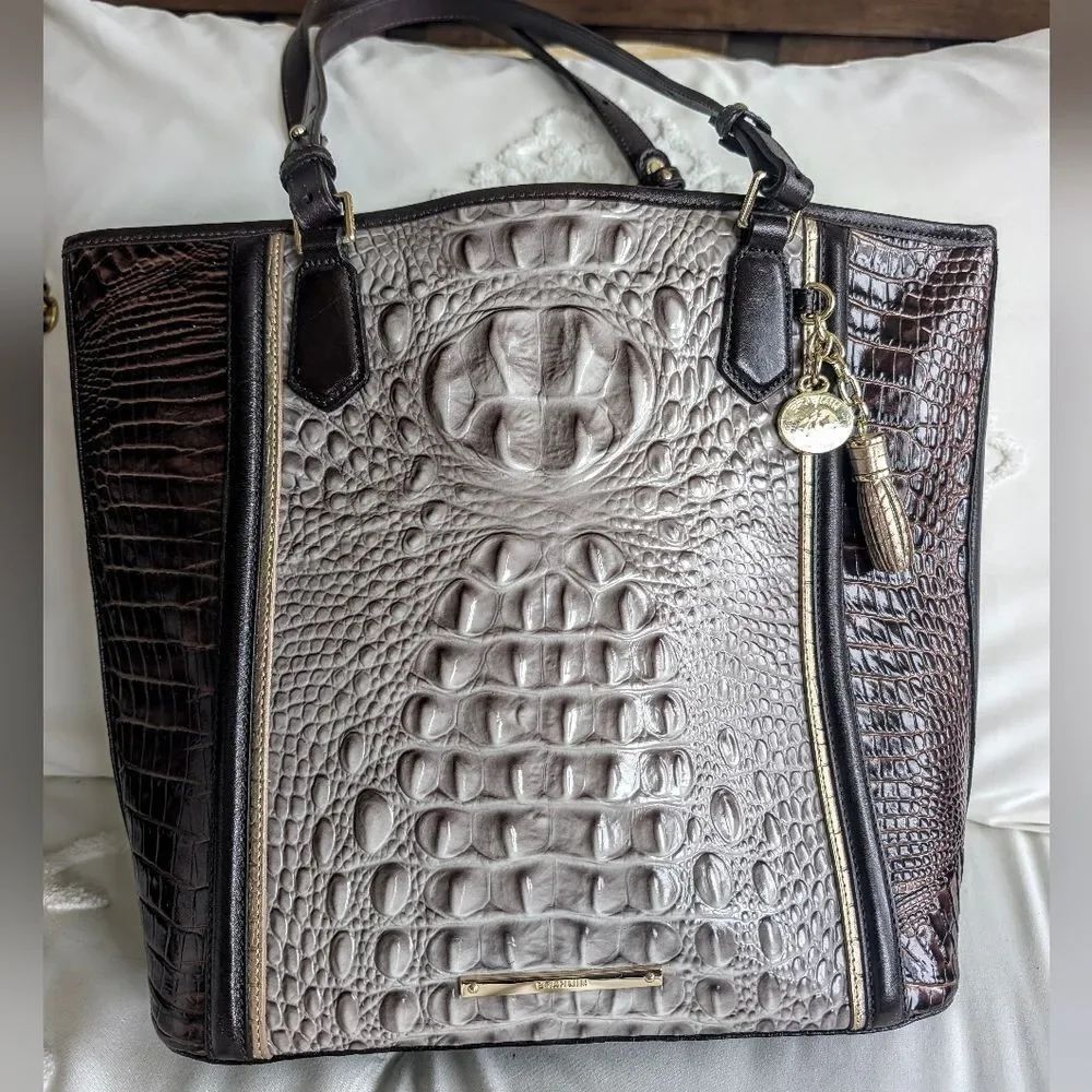 BRAHMIN Croc-Embossed Asher Quill Greco Large Leather Tote in Dark Brown &Taupe